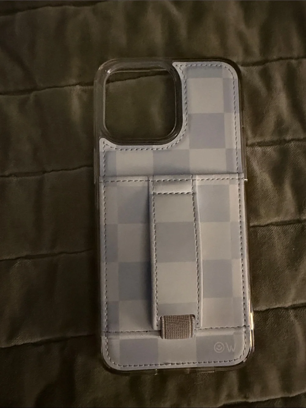 Light Blue Checkered Phone Case with Card Strap- Walli Case IPhone 15 Pro Max